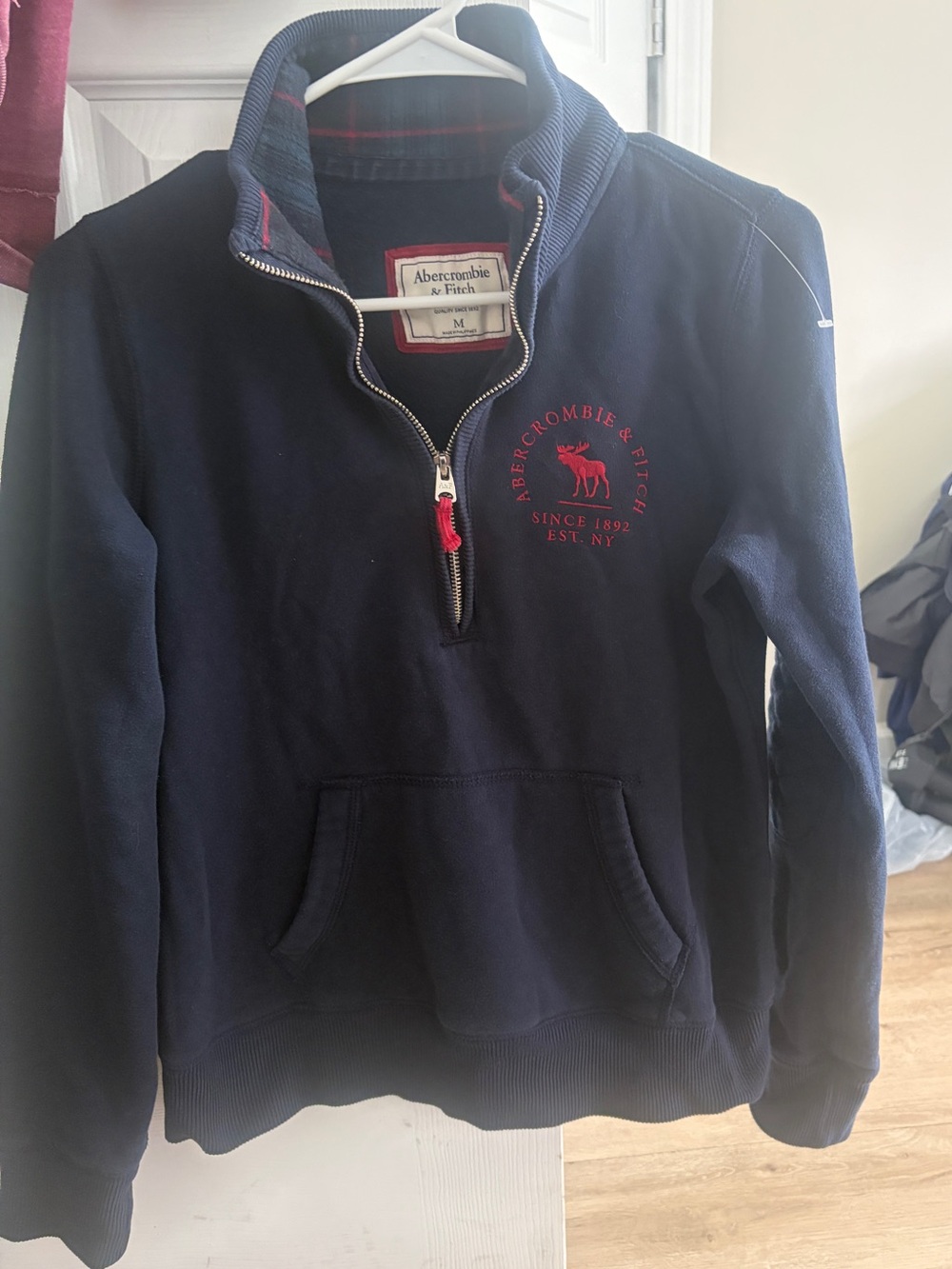 Abercrombie & Fitch Navy Quarter-Zip Sweater with Red Logo boys size M/L